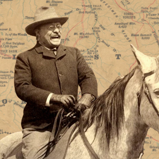 Teddy Roosevelt on a horse in front of a Yellowstone National Park map background.