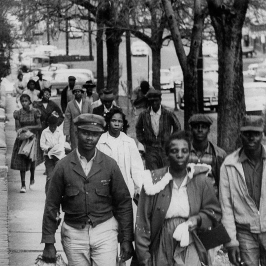African Americans walk to boycott the segregated bus system in Birmingham, Alabama.