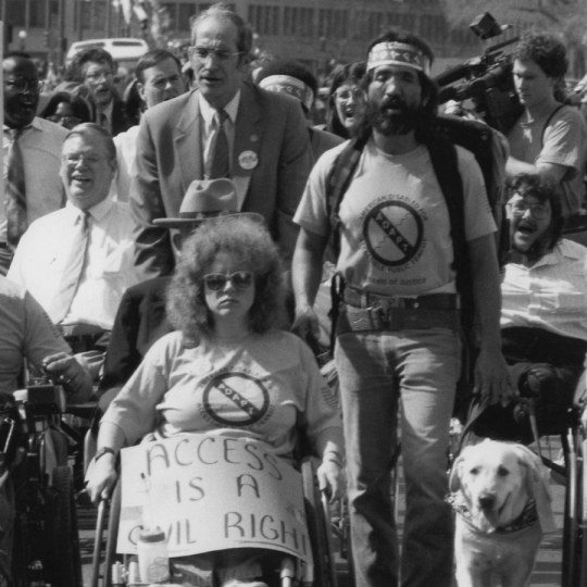 Disability rights demonstrators, some in wheelchairs, one with a seeing-eye dog