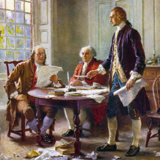 Benjamin Franklin reading a draft of the Declaration of Independence.