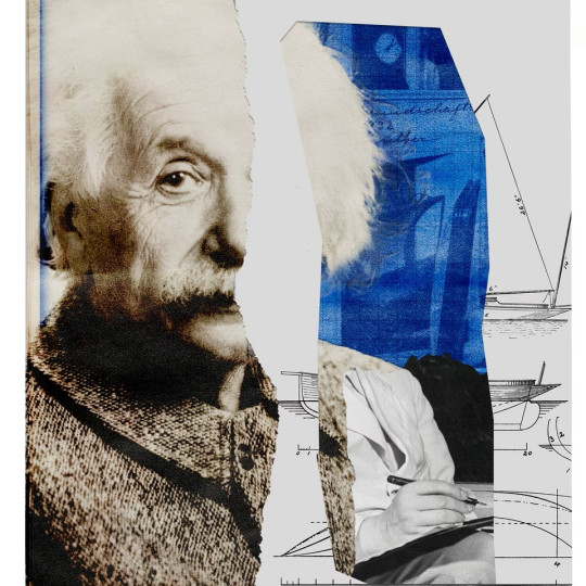 Albert Einstein collage photo with scientific diagrams.