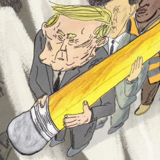 Cartoon of Donald Trump holding a pencil, erasing petroglyphs.
