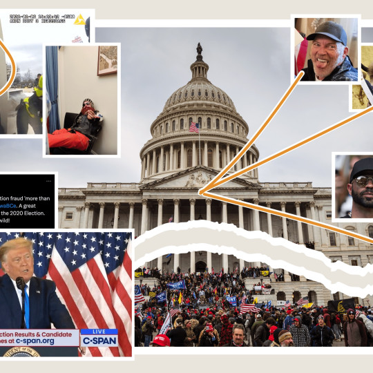 Collage photographs related to the January 6 Capitol Riot.