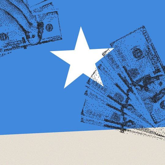 The flag of Somalia and hands holding money.