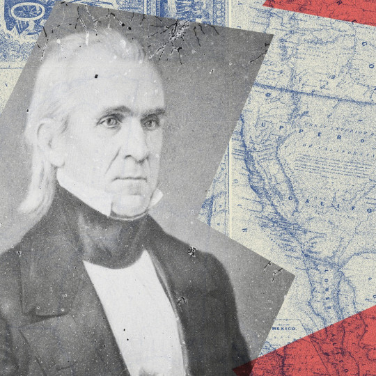Illustration of James K. Polk with maps in the background.