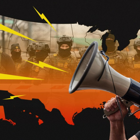 Alex Jones shouts into a megaphone in front of a US map full of US Border Patrol officers.