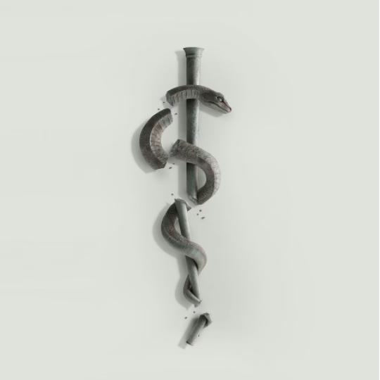 Rod of Asclepius broken into pieces.