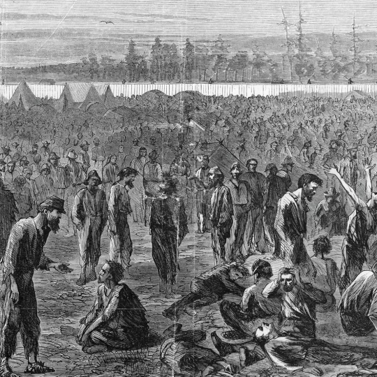 Black and white illustration of the Confederate prison camp in Anderson­ville, Georgia, in 1865.
