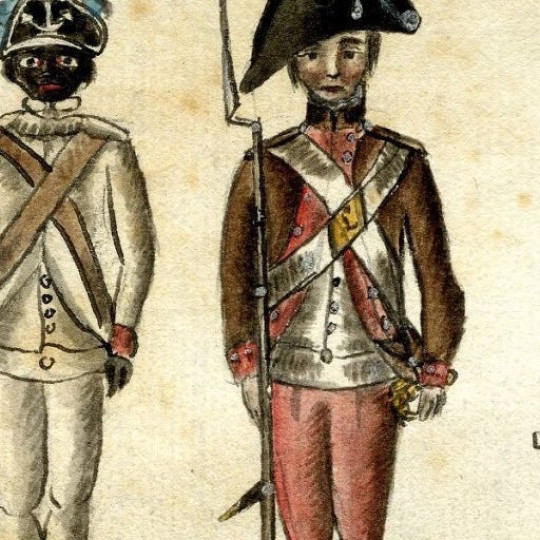 Illustration of four soldiers from the eighteenth century holding weapons.