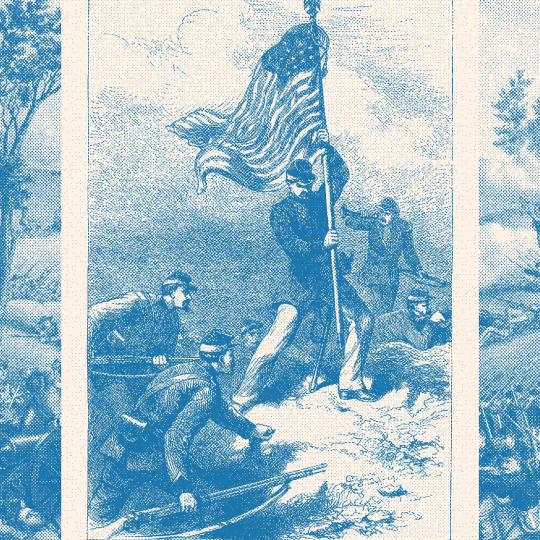 Civil War solders planting a U.S. flag atop a hill.