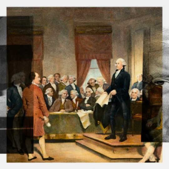 Collage showing a hand casting a ballot, a painting of the Consitutional Convention, and Donald Trump.