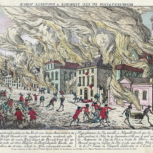 Print featuring buildings burning, foregrounded by men working to extinguish the flames.