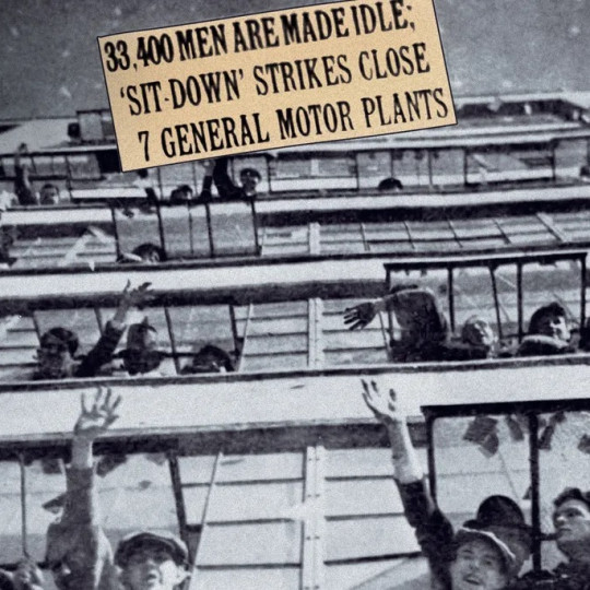 Workers wave from the windows of a plant in Flint, Michigan, in 1937.