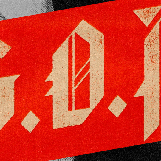 A graphic of the acronym G.O.P in the style of Nazi lettering.
