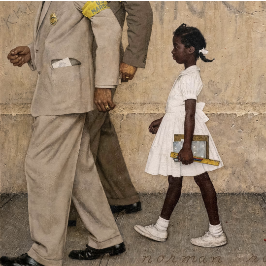 Norman Rockwell painting of Ruby Bridges being escorted to school by U.S. Marshals.