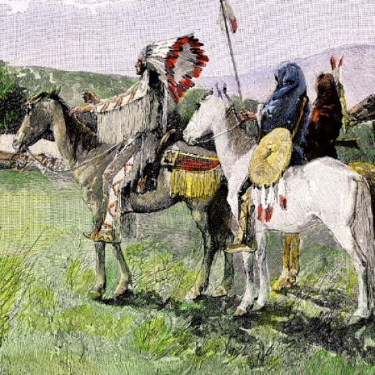 Illustration of Plains Indians meeting a wagon train.