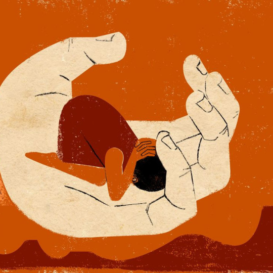 Illustration of a white hand holding a prostrate American Indian woman in a southwestern landscape.