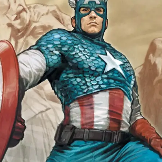 Photo of Captain America in front of Mt. Rushmore