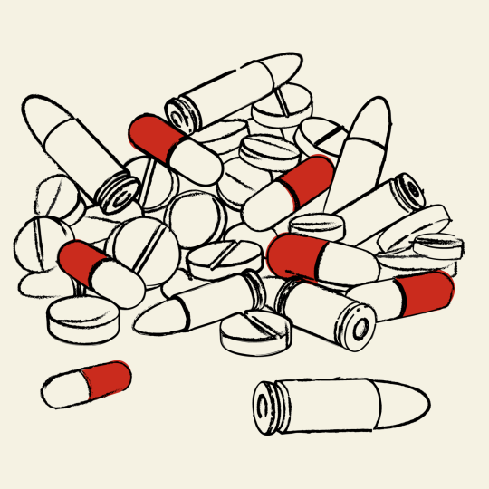 Drawing of pills and bullets.