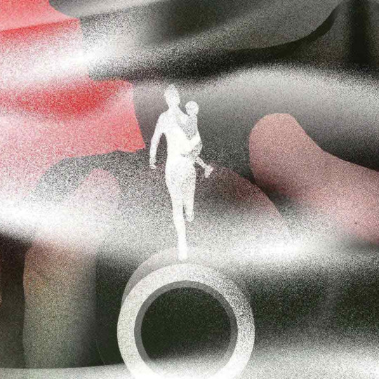 White silhouette holding a child walking on a gun barrel with a large soldier in background holding the gun.