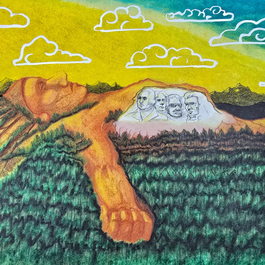 Mount Rushmore range as a sleeping Plains Indian with the presidents' faces in his belly.