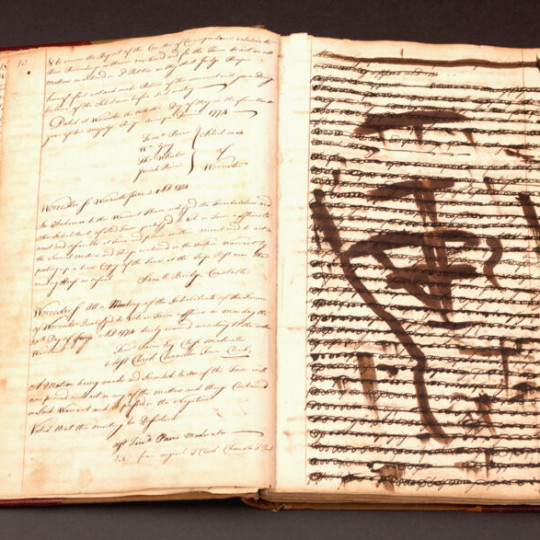 Record of loyalist protest redacted in the official town record book of Worcester, Massachusetts.