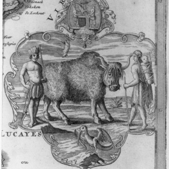 An indigenous man and woman (with baby on her back) stand beside a bison.
