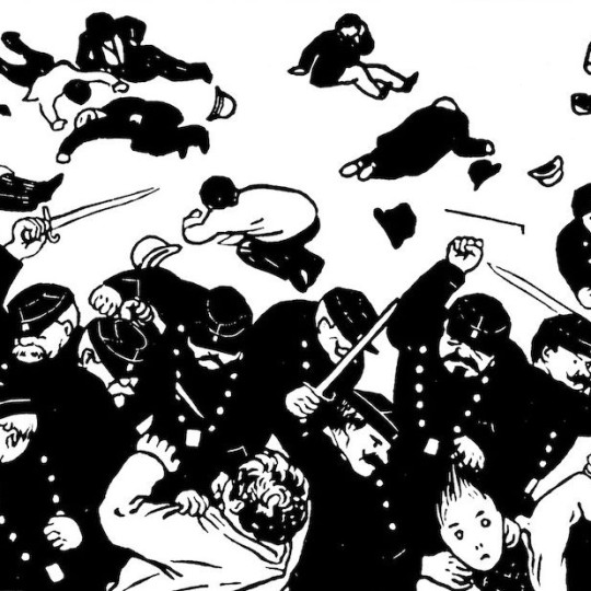 Cartoon of police beating people with nightsticks.