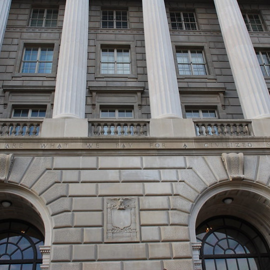 An entrance to the IRS headquarters.