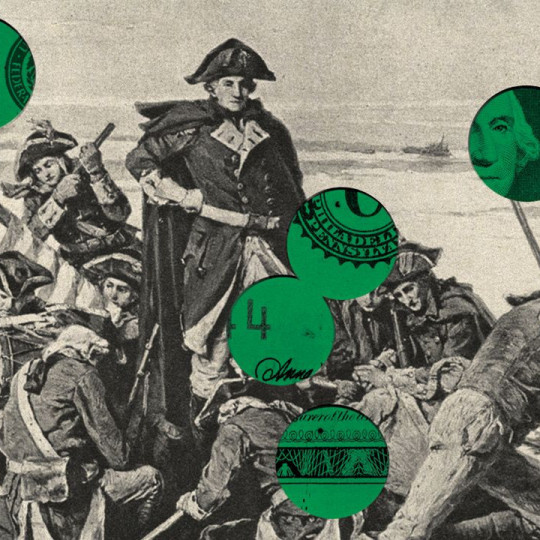 Washington crossing the Delaware, with holes punched out revealing Washington on a dollar bill behind it.