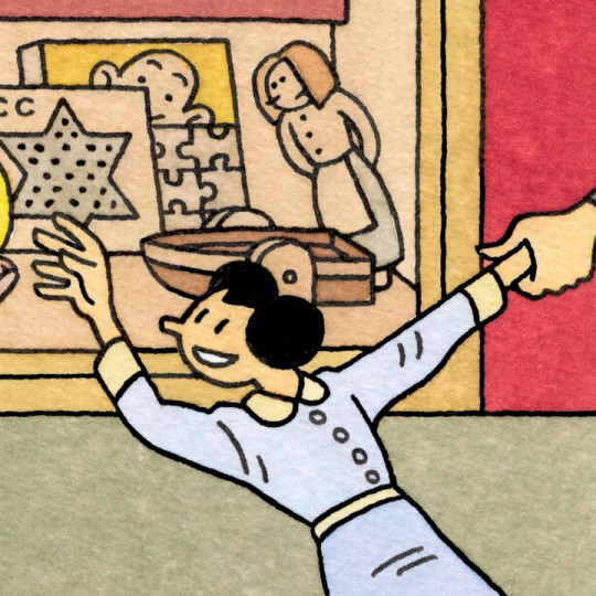 A drawing of a little girl looking into a toy display, while her mother grabs her hand.