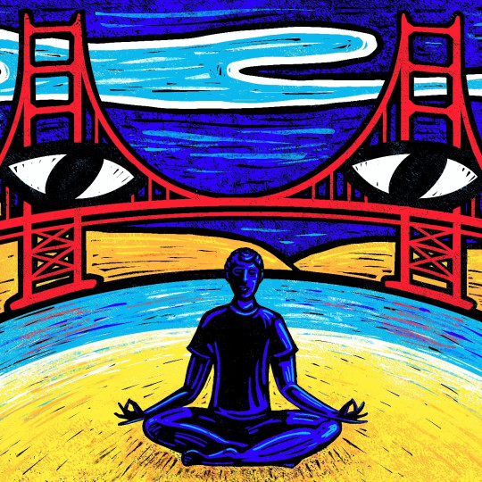 Golden Gate Bridge, with eyes, watching a person meditating.