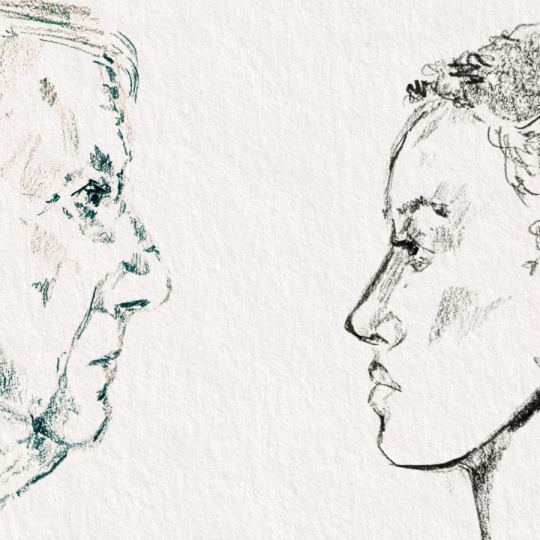 A drawing of an older white man and a young Black woman staring at each other.