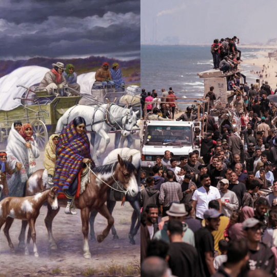 Side-by-side images of Cherokee Trail of Tears and Palestinian forced migration.
