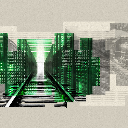 Composite image of data center and railroad tracks.