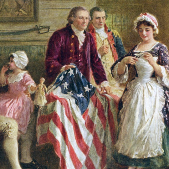 Betsy Ross showing her flag.