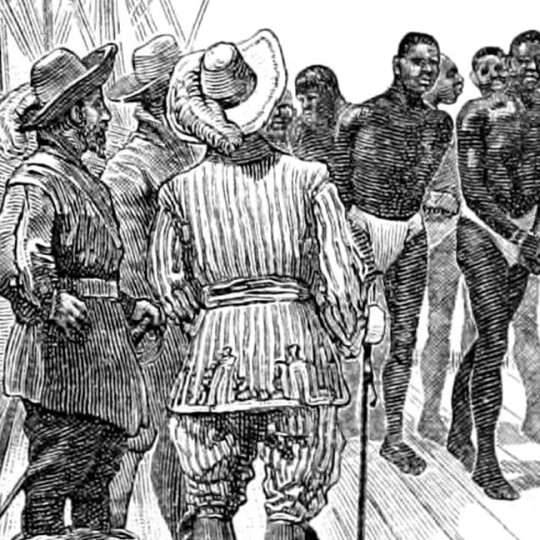 Enslaved Africans on a dock, having disembarked a ship guarded by their captors.