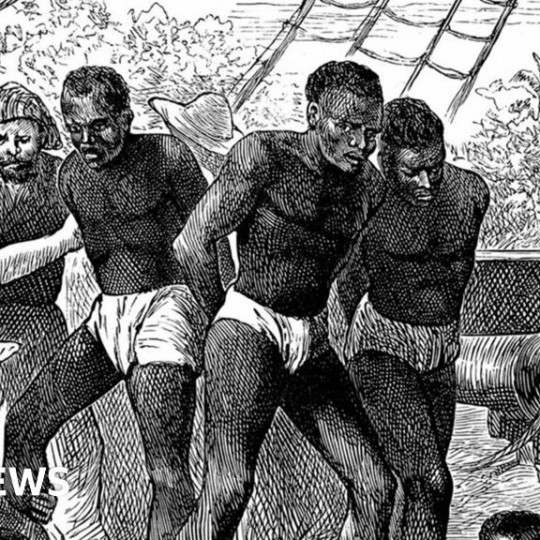 Drawing of African men being captured and chained by white men.