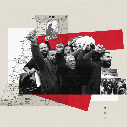 Lebanese protesters imposed over a map of Lebanon and the surrounding countries.