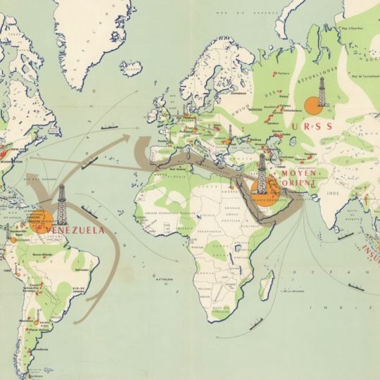 1956 map of global petroleum production and trade.