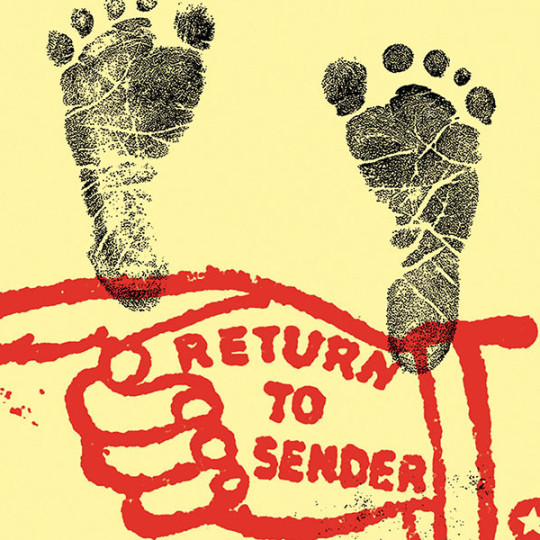 Illustration of ink baby footprints with a finger pointing 