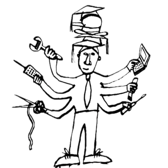 Cartoon of a college graduate wearing many hats, juggling many jobs.