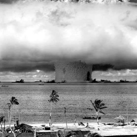 A nuclear bomb explodes at Bikini Atoll, 1946.