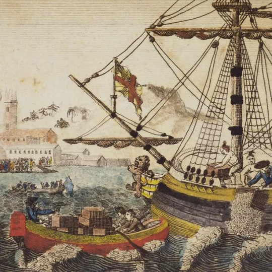 A 1789 engraving depicting the Boston Tea Party.
