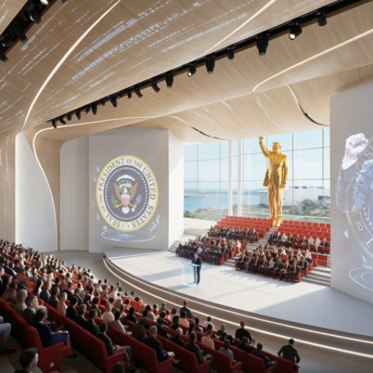 AI rendering of the plan for the Trump presidential library auditorium with a golden statue of Trump.