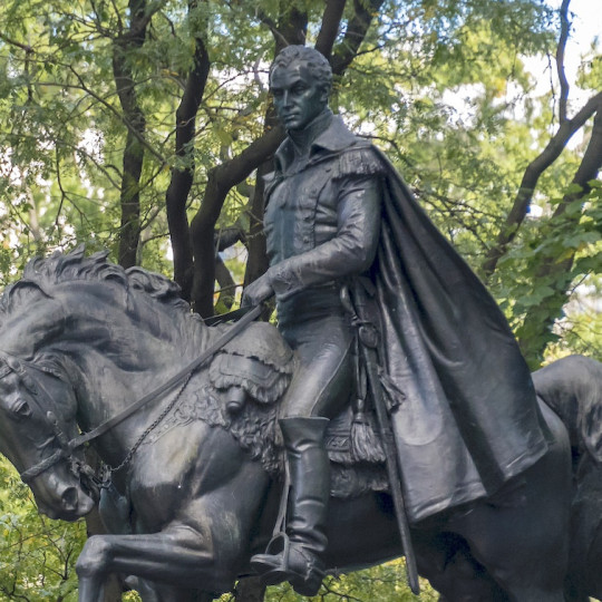 A statue of Simón Bolívar, one of the seven such tributes to Latin American leaders and liberators on the Avenue of the Americas.