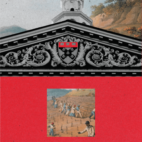 Composite image of Harvard University building and slave plantation.