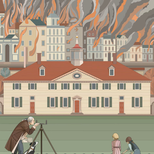 Illustration of George Washington, outside holding a newspaper in front of a large house.