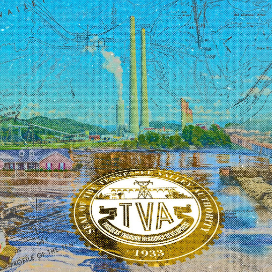 Composite image of a map and logo of the TVA, a power plant, a bridge, and flooded houses.