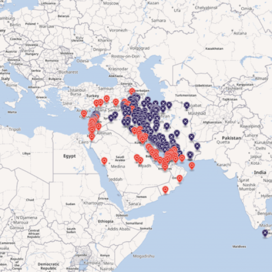 A map of locations struck by: The United States and Israel, Iran, Hezbollah, Houthis, and PMF.